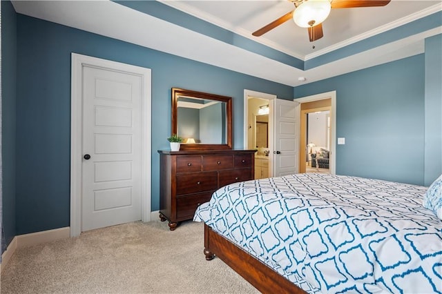 16420 Lucille St, Overland Park, KS 66221 - bedroom with light carpet, crown molding, ceiling fan, a tray ceiling, and ensuite bath