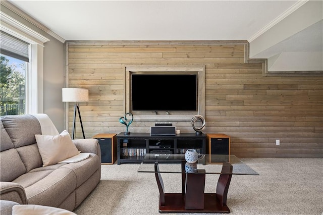 16420 Lucille St, Overland Park, KS 66221 - living room with wooden walls, carpet, and ornamental molding