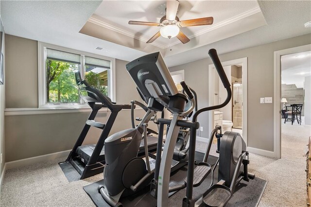 16420 Lucille St, Overland Park, KS 66221 - workout area featuring a tray ceiling, ornamental molding, ceiling fan, and carpet flooring