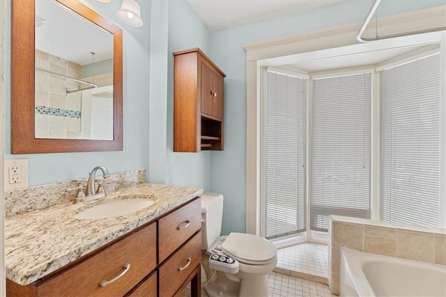 18 W 61st Ter, Kansas City, MO 64113 - full bathroom with a bath, vanity, tiled shower, and tile patterned floors