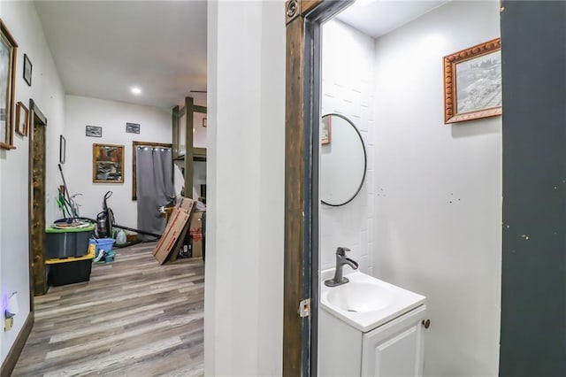 600 W Chestnut St, Holden, MO 64040 - bathroom with wood finished floors, vanity, and recessed lighting