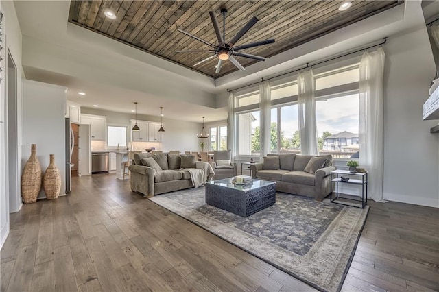 24976 W 87th St, Lenexa, KS 66227 - living room with a tray ceiling, ceiling fan, dark wood-style floors, wooden ceiling, and recessed lighting