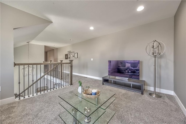 24976 W 87th St, Lenexa, KS 66227 - living room with carpet flooring, recessed lighting, a chandelier, and lofted ceiling