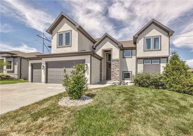 24976 W 87th St, Lenexa, KS 66227 - view of front of home with stucco siding, a front lawn, concrete driveway, and an attached garage