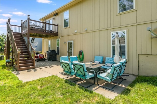8103 NE 111th Ter, Kansas City, MO 64157 - rear view of property with stairs, a deck, a patio area, and a yard