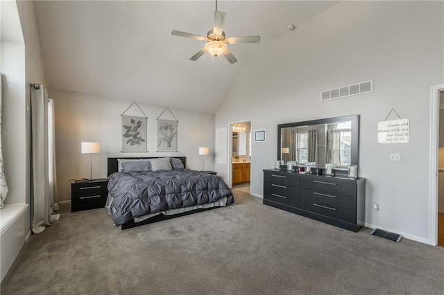 8103 NE 111th Ter, Kansas City, MO 64157 - bedroom featuring high vaulted ceiling, carpet flooring, a ceiling fan, and ensuite bath