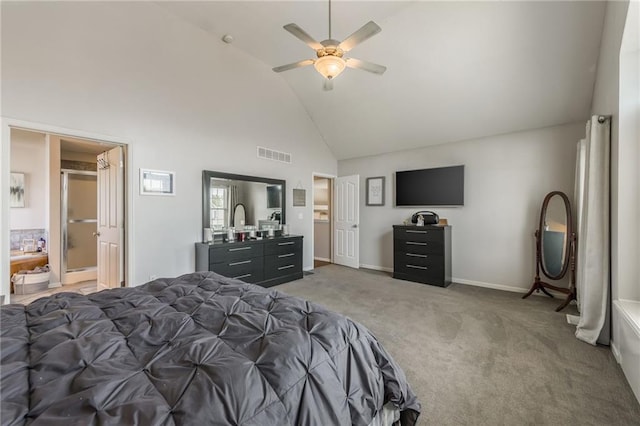 8103 NE 111th Ter, Kansas City, MO 64157 - bedroom featuring high vaulted ceiling, light colored carpet, and a ceiling fan