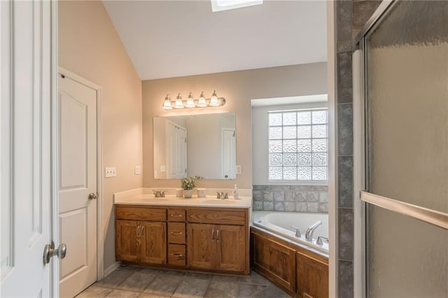 8103 NE 111th Ter, Kansas City, MO 64157 - bathroom featuring a garden tub, double vanity, lofted ceiling, and a shower with shower door