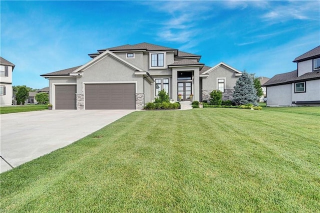 15716 Canterbury St, Overland Park, KS 66085 - view of front of home featuring french doors, stucco siding, an attached garage, a front lawn, and concrete driveway