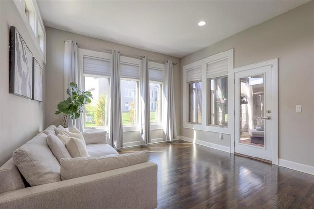 15716 Canterbury St, Overland Park, KS 66085 - living area featuring dark wood-style flooring and recessed lighting