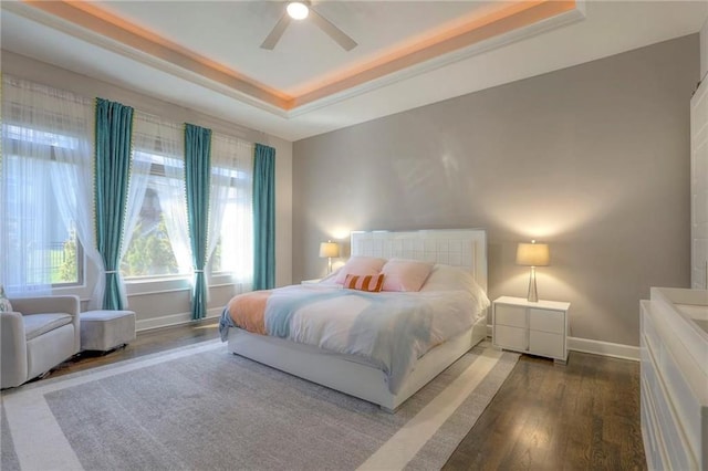 15716 Canterbury St, Overland Park, KS 66085 - bedroom featuring a tray ceiling, wood finished floors, multiple windows, and a ceiling fan