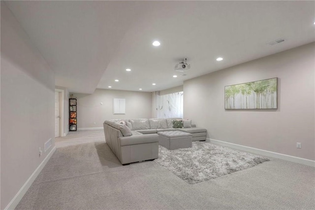 15716 Canterbury St, Overland Park, KS 66085 - living area featuring light carpet and recessed lighting