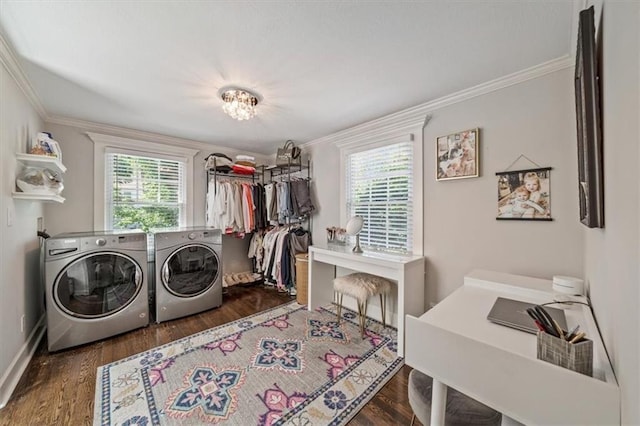 1295 W 71st Ter, Kansas City, MO 64114 - laundry area featuring independent washer and dryer, healthy amount of natural light, wood finished floors, and crown molding