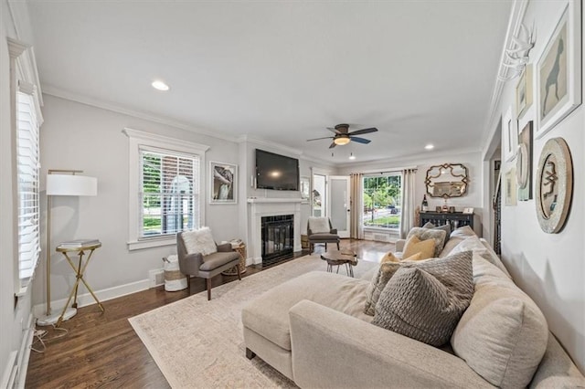 1295 W 71st Ter, Kansas City, MO 64114 - living area featuring a large fireplace, ornamental molding, dark wood-style flooring, recessed lighting, and ceiling fan