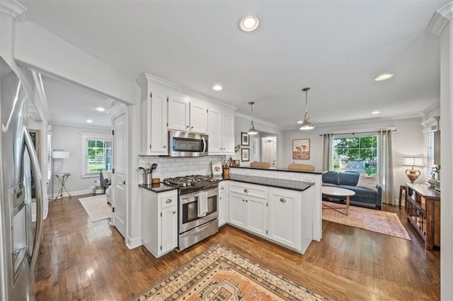 1295 W 71st Ter, Kansas City, MO 64114 - kitchen with stainless steel appliances, a peninsula, healthy amount of natural light, white cabinetry, and crown molding