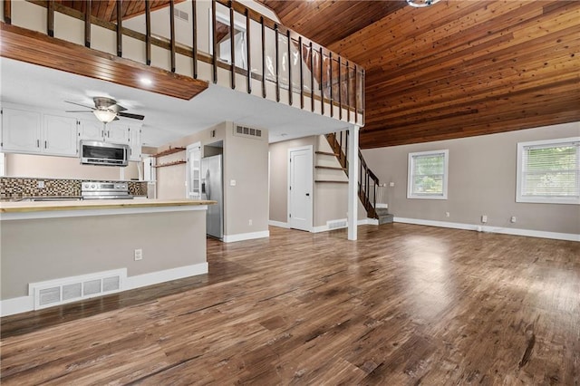 6727 Harvard Ave, Raytown, MO 64133 - unfurnished living room featuring stairway, ceiling fan, dark wood-type flooring, wood ceiling, and high vaulted ceiling