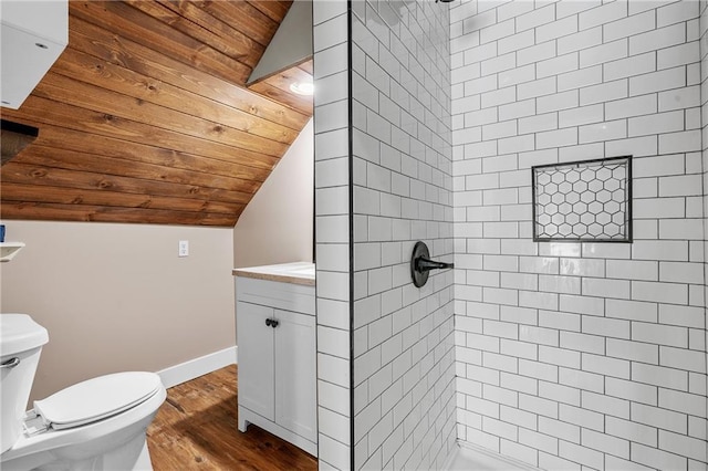 6727 Harvard Ave, Raytown, MO 64133 - full bathroom with lofted ceiling, a shower stall, wood ceiling, wood finished floors, and vanity
