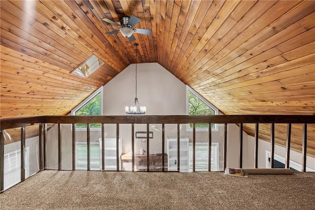 6727 Harvard Ave, Raytown, MO 64133 - detailed view of wooden ceiling, ceiling fan, a chandelier, and carpet
