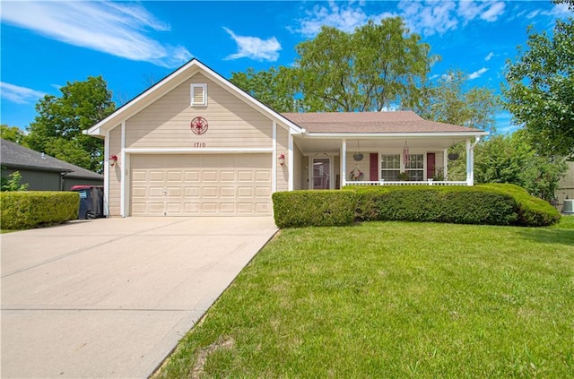 1710 Kathleen Way, Kearney, MO 64060 - ranch-style home featuring a garage, driveway, a front lawn, and covered porch