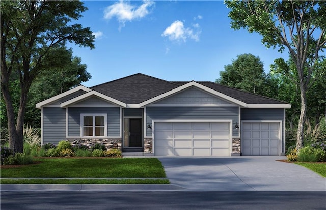 16767 S Hall St, Olathe, KS 66062 - view of front of home featuring a garage, concrete driveway, a front lawn, and stone siding
