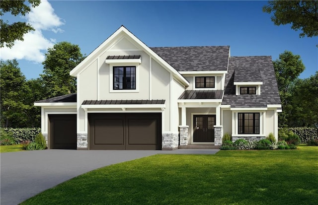 18501 Mohawk Ln, Overland Park, KS 66085 - view of front facade featuring a front yard, a standing seam roof, a shingled roof, stone siding, and concrete driveway