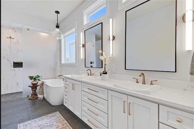 18501 Mohawk Ln, Overland Park, KS 66085 - full bath with double vanity, a freestanding bath, tile patterned floors, and a shower