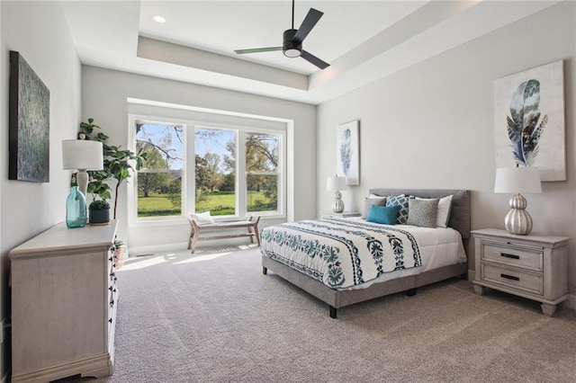17162 S Heatherwood St, Olathe, KS 66062 - bedroom featuring carpet floors, a raised ceiling, ceiling fan, and recessed lighting