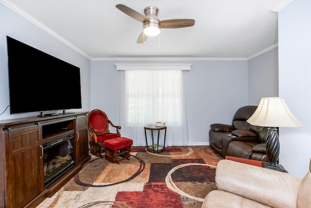 1100 Sycamore Ridge Dr, Lansing, KS 66043 - living room with ornamental molding, ceiling fan, and wood finished floors