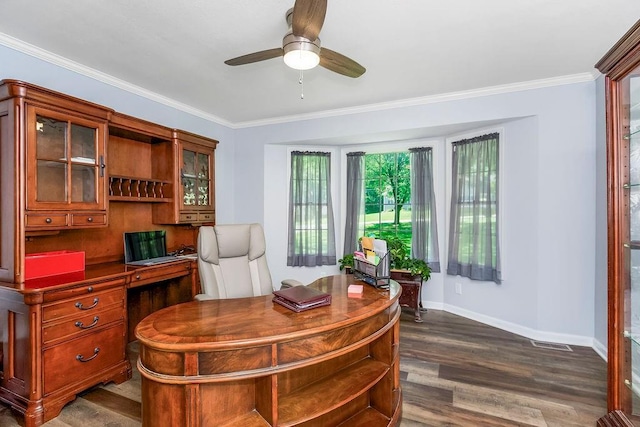 1100 Sycamore Ridge Dr, Lansing, KS 66043 - home office featuring a ceiling fan, ornamental molding, and dark wood-style flooring