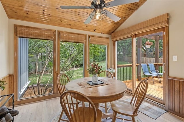 12117 Knox St, Overland Park, KS 66213 - sunroom featuring wood finished floors, plenty of natural light, vaulted ceiling, wood ceiling, and a wainscoted wall