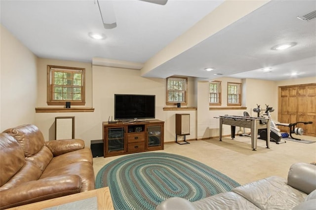 12117 Knox St, Overland Park, KS 66213 - living room featuring carpet flooring, ceiling fan, and recessed lighting