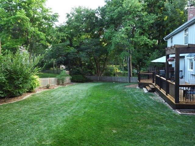 12117 Knox St, Overland Park, KS 66213 - view of yard with a wooden deck and view of wooded area