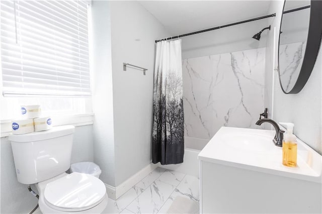 3221 E 11th St, Kansas City, MO 64127 - full bath featuring vanity, shower / bath combination with curtain, and marble look tiles