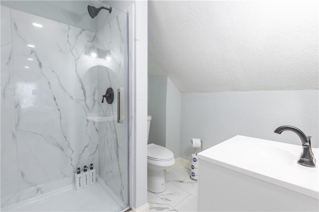 3221 E 11th St, Kansas City, MO 64127 - full bath with a marble finish shower, marble finish flooring, lofted ceiling, vanity, and a textured ceiling