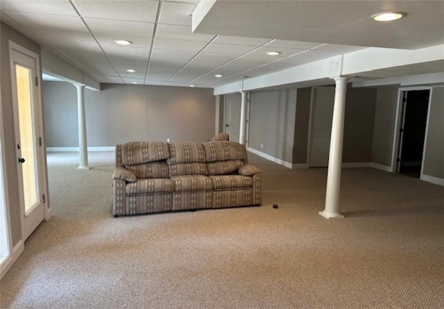 1703 Esther Dr, Kearney, MO 64060 - living room featuring carpet, decorative columns, and recessed lighting