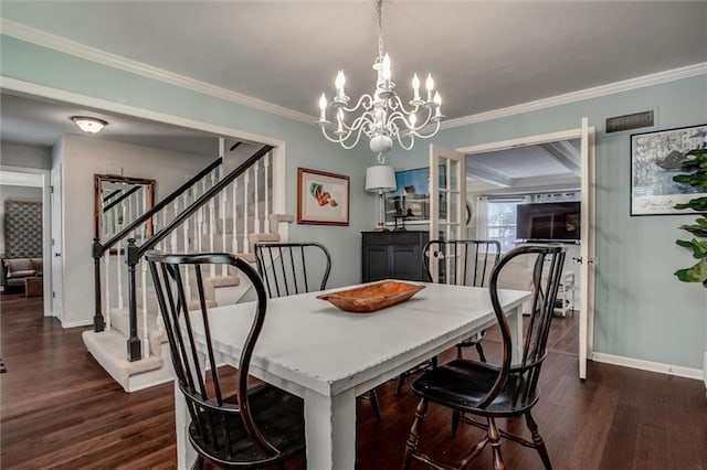9718 W 115th Ter, Overland Park, KS 66210 - dining space featuring crown molding, dark wood-type flooring, a chandelier, and stairway
