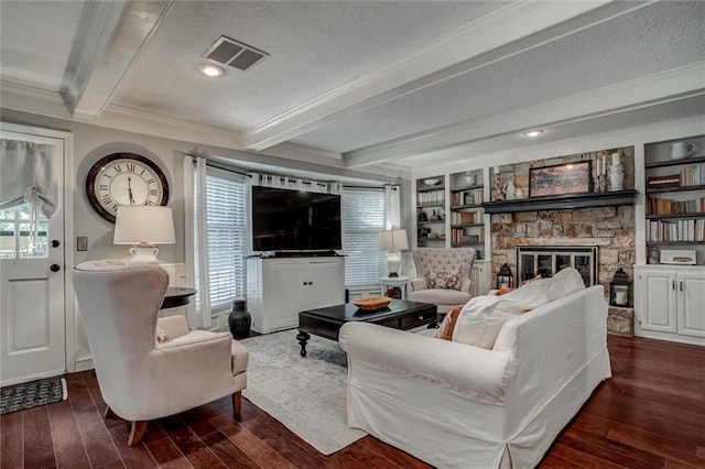 9718 W 115th Ter, Overland Park, KS 66210 - living room with beamed ceiling, ornamental molding, dark wood-type flooring, a fireplace, and a textured ceiling