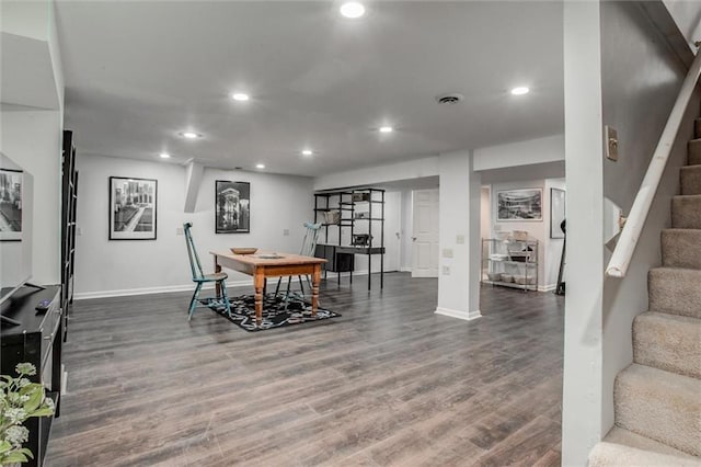 9718 W 115th Ter, Overland Park, KS 66210 - dining space with stairs, wood finished floors, and recessed lighting