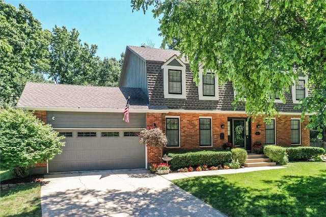 9718 W 115th Ter, Overland Park, KS 66210 - view of front of home with a garage, driveway, brick siding, a front yard, and roof with shingles