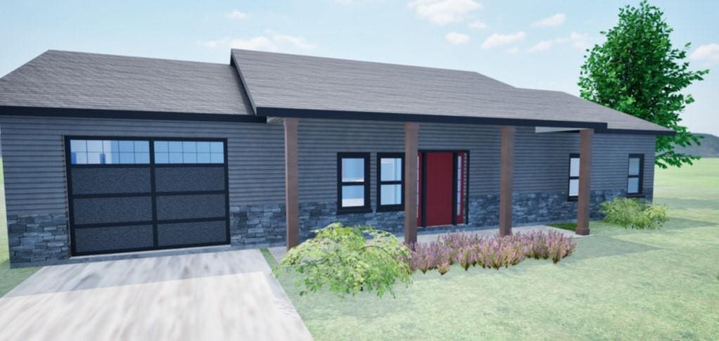 403 SW Mission Rd, Lees Summit, MO 64063 - view of front facade with stone siding, an attached garage, concrete driveway, and a front lawn