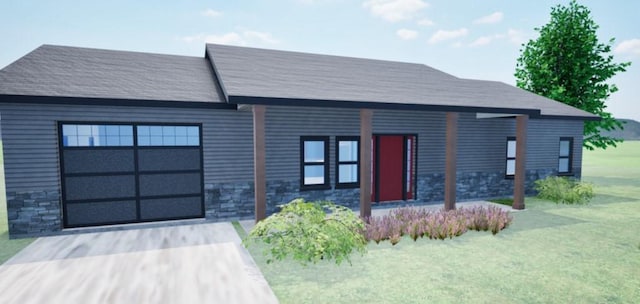 403 SW Mission Rd, Lees Summit, MO 64063 - view of front facade with stone siding, an attached garage, concrete driveway, and a front lawn