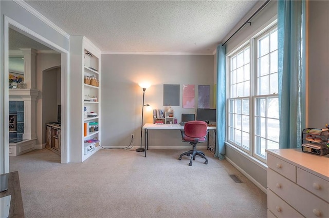 11580 S Skyview Ln, Olathe, KS 66061 - office space featuring a textured ceiling, light carpet, healthy amount of natural light, a tile fireplace, and ornamental molding