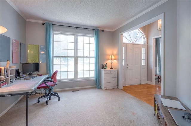 11580 S Skyview Ln, Olathe, KS 66061 - carpeted home office with crown molding and a textured ceiling
