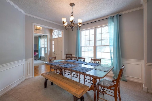 11580 S Skyview Ln, Olathe, KS 66061 - dining room featuring a chandelier, crown molding, light colored carpet, a textured ceiling, and a wainscoted wall