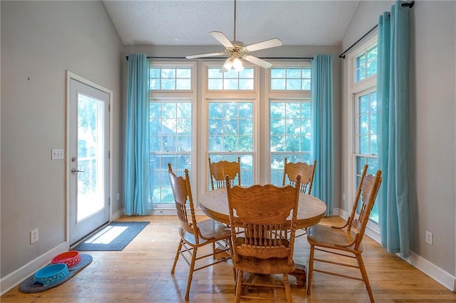 11580 S Skyview Ln, Olathe, KS 66061 - dining room with vaulted ceiling, a ceiling fan, a textured ceiling, and light wood finished floors