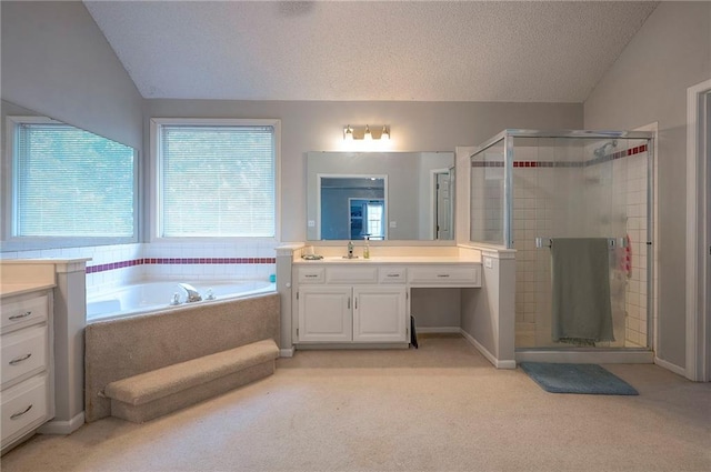 11580 S Skyview Ln, Olathe, KS 66061 - full bath featuring vanity, a stall shower, a bath, a textured ceiling, and carpet