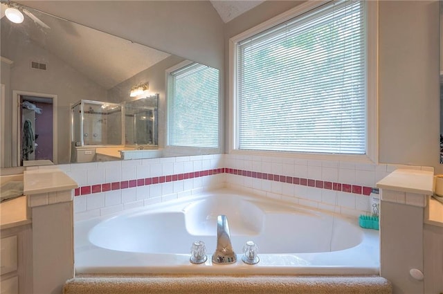 11580 S Skyview Ln, Olathe, KS 66061 - full bathroom with lofted ceiling, a bath, a shower stall, vanity, and healthy amount of natural light