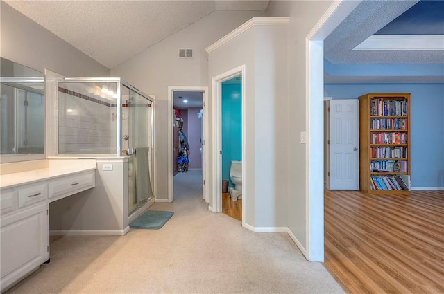 11580 S Skyview Ln, Olathe, KS 66061 - full bathroom featuring a shower stall, vaulted ceiling, vanity, and a textured ceiling