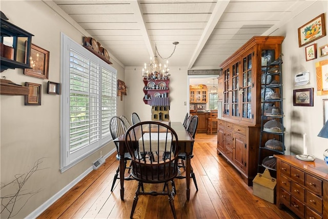 200 NE Oak Tree Cir, Lees Summit, MO 64086 - dining area featuring light wood-style flooring, a chandelier, and a wooden ceiling with exposed beams