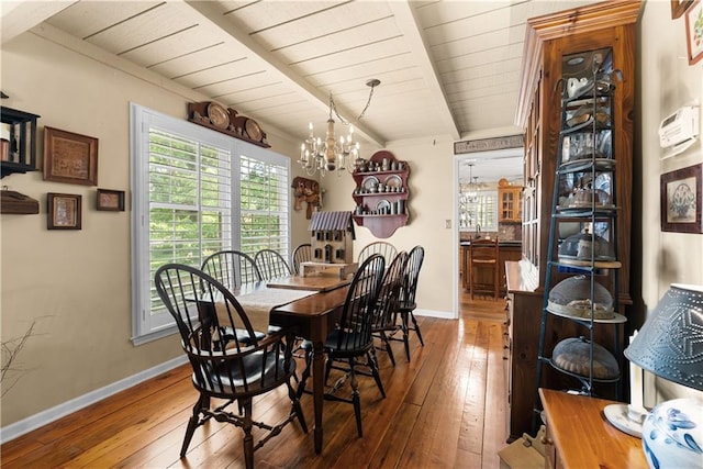200 NE Oak Tree Cir, Lees Summit, MO 64086 - dining area featuring hardwood / wood-style flooring, a chandelier, and a wood ceiling with exposed beams